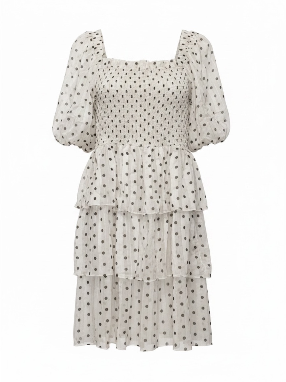 <NWT> English Factory White Polka Dot Smocked Midi Dress with Black Dots | L